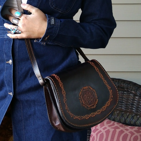 Vintage Handbags - Vintage leather embossed folk crossbody